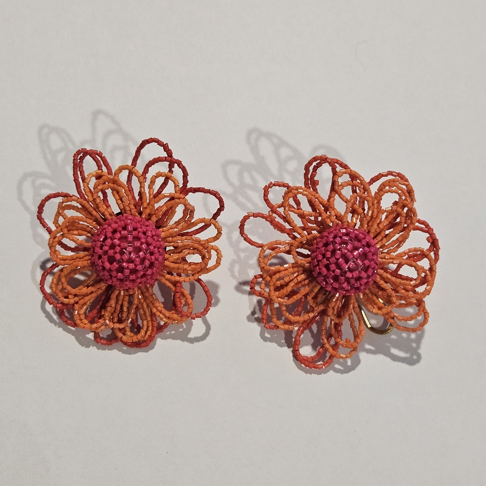NEW Zara Floral Pink Orange Earrings 70s Bohemian Retro Feminine Beaded Y2K - Picture 2 of 6
